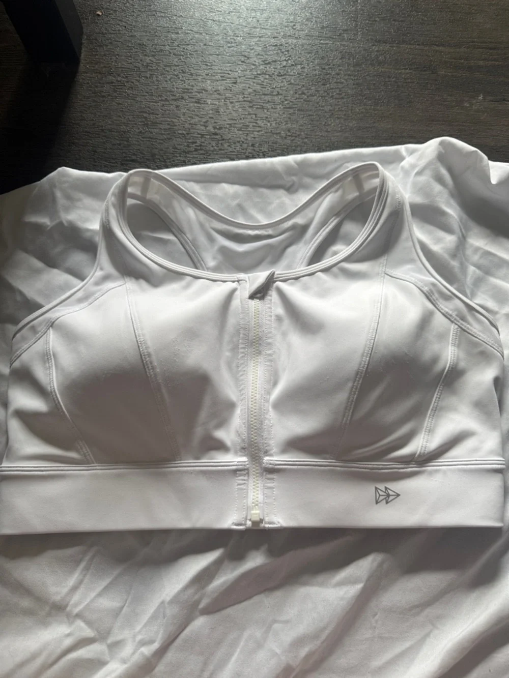 Front-Zip White Sports Bra with Supportive Racerback - Picture 1 of 4